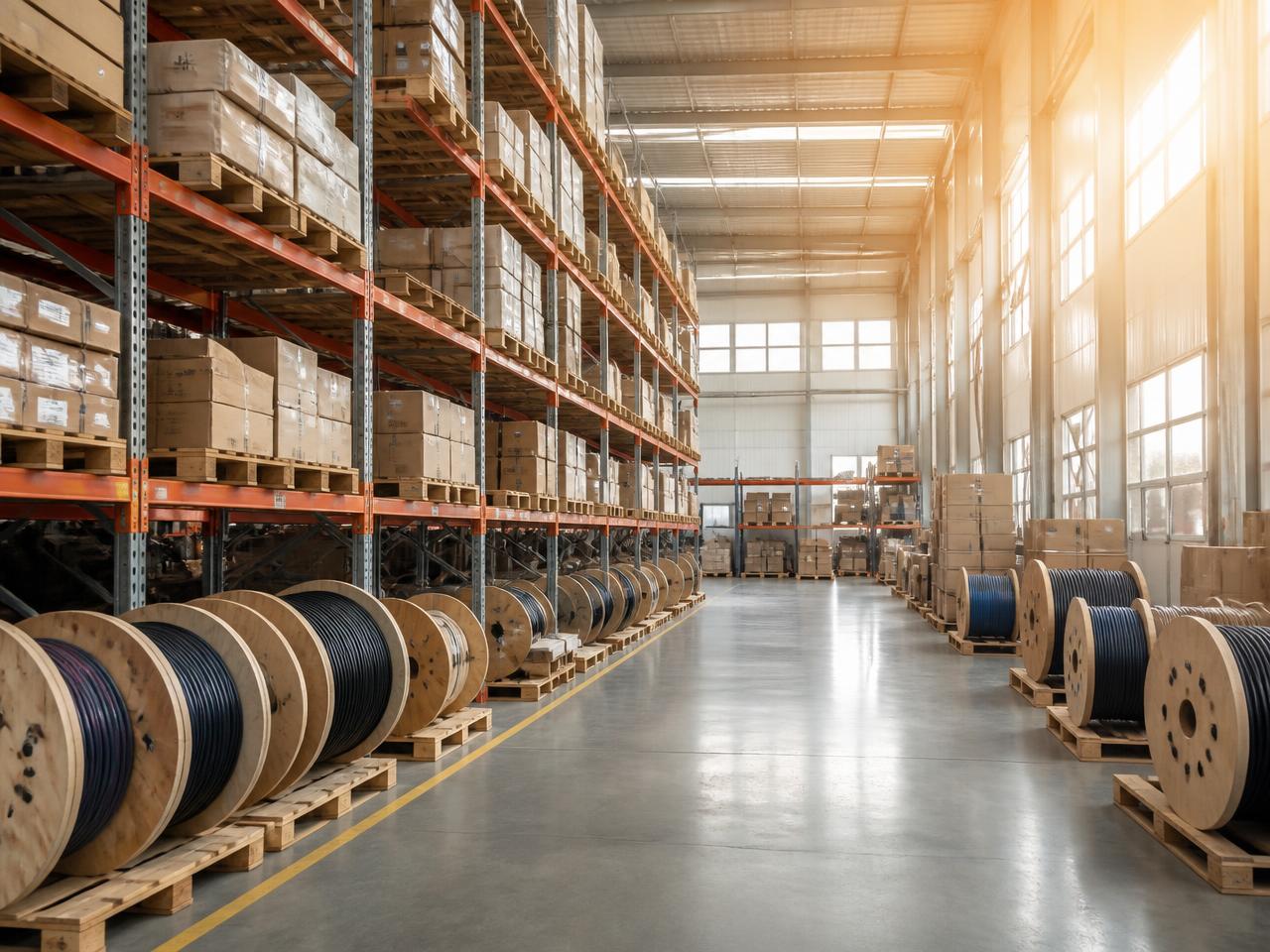 National Cable Supply distribution warehouse with racked inventory and cable spools