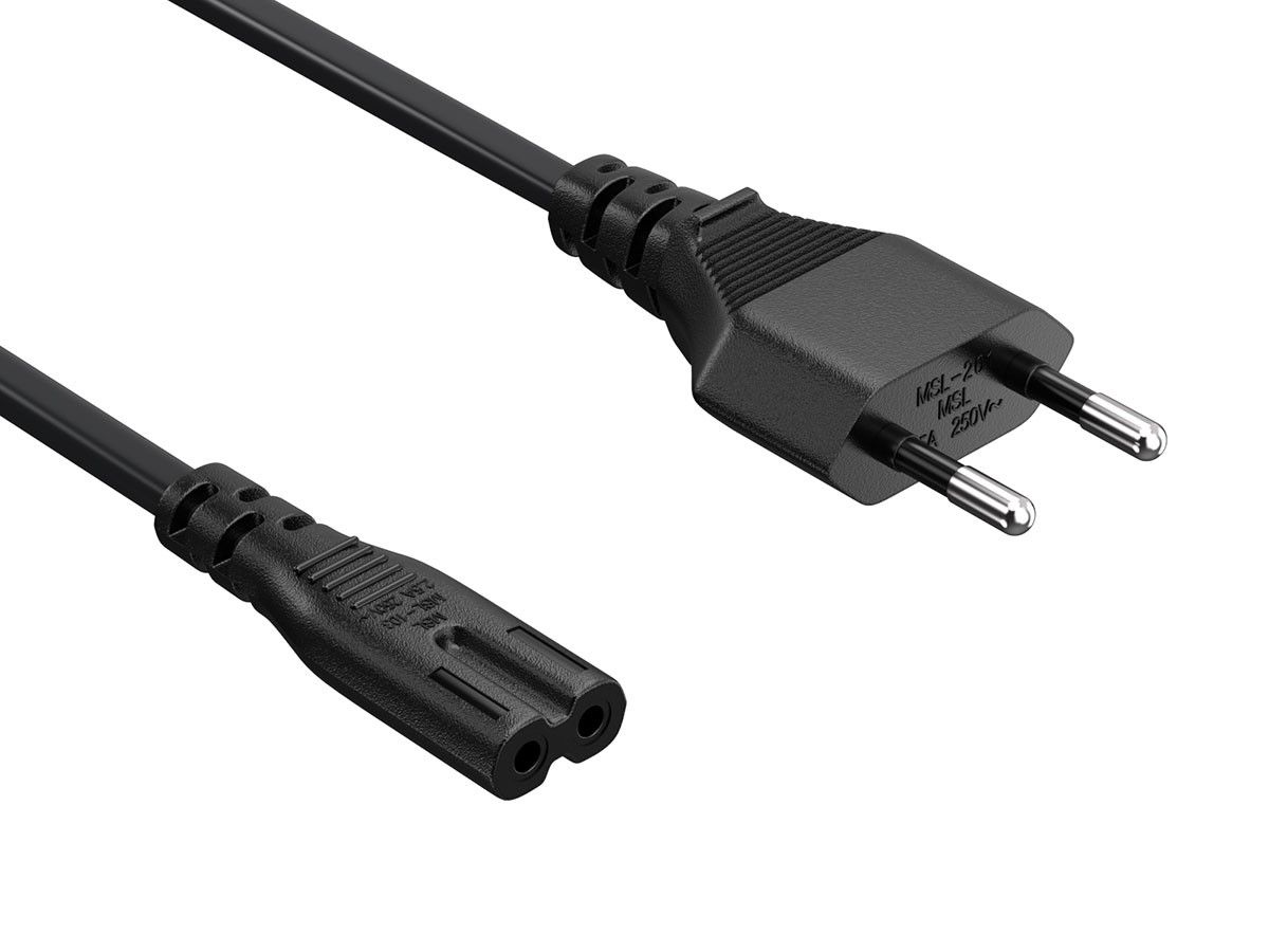 European Power Cord for Notebook, 2 Prong, Non-Polarized 18AWG , CEE 7/16 to IEC320 C7