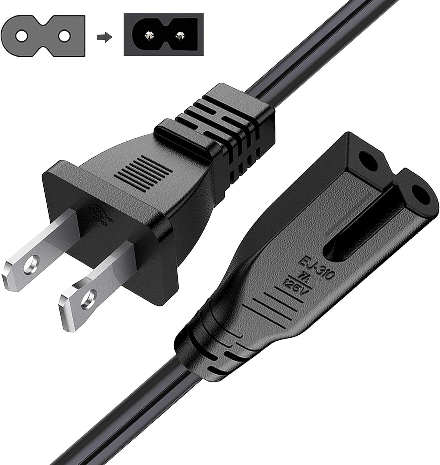 NEMA 1-15P to C7 2-Prong Polarized Power Cord, 18 AWG, SPT-2, 10A/125V